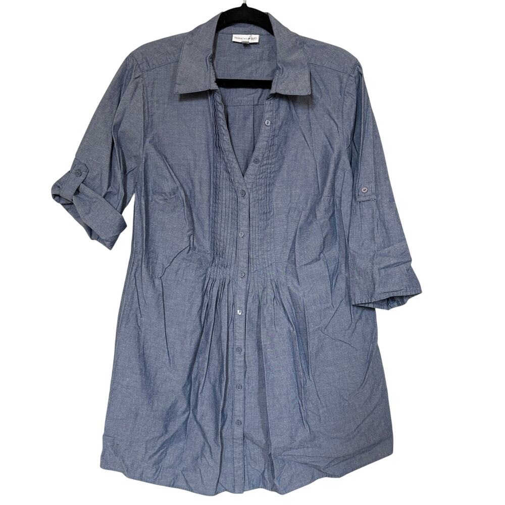 Fashion Bug Plus Size 1X Top Tunic Chambray‎ Blue Cotton Pintuck Cottage Country